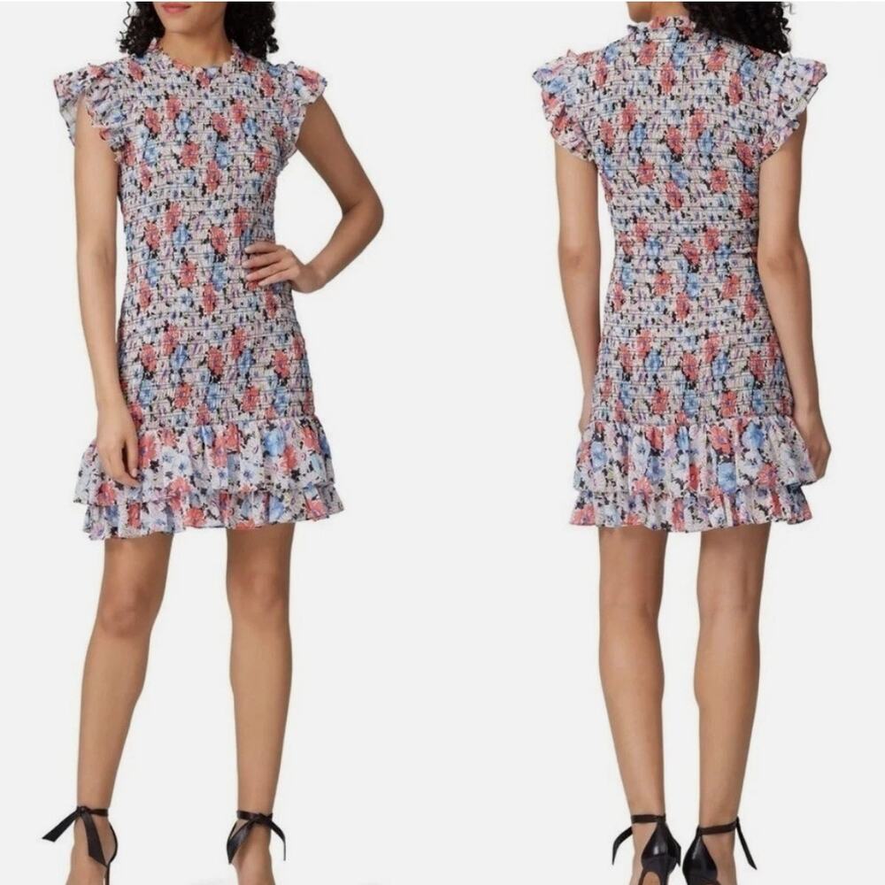 Veronica Beard Cici Dress Elasticized Smocking Floral Tiered Ruffle Trim Size 12